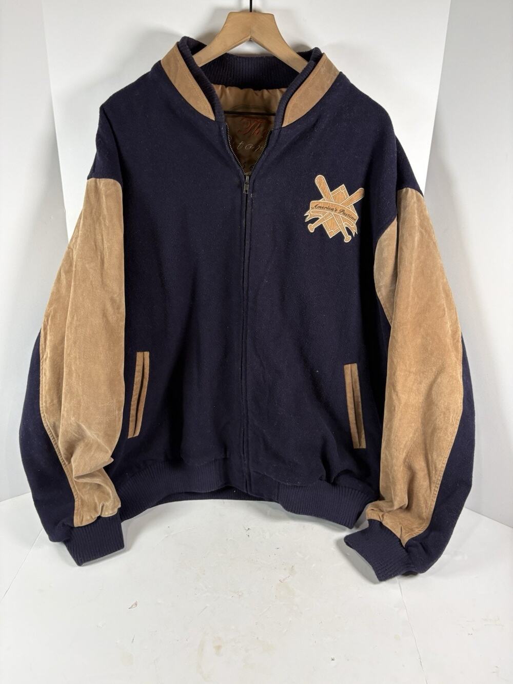 Bradford Exchange Americas Pastime Baseball Jacket Mens XL Navy Tan Suede Bomber